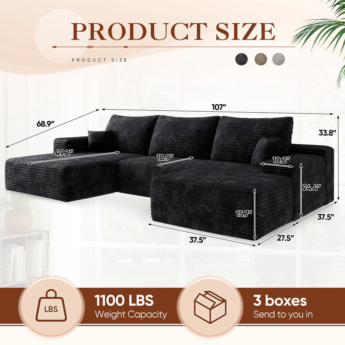 Muumblus 107" Cloud Sectional Sofa with Left Chaise, Cozy U-Shaped Modular Sofa with Ottoman, Plush Corduroy Sleeper Bed Couch, No Assembly Required, Black