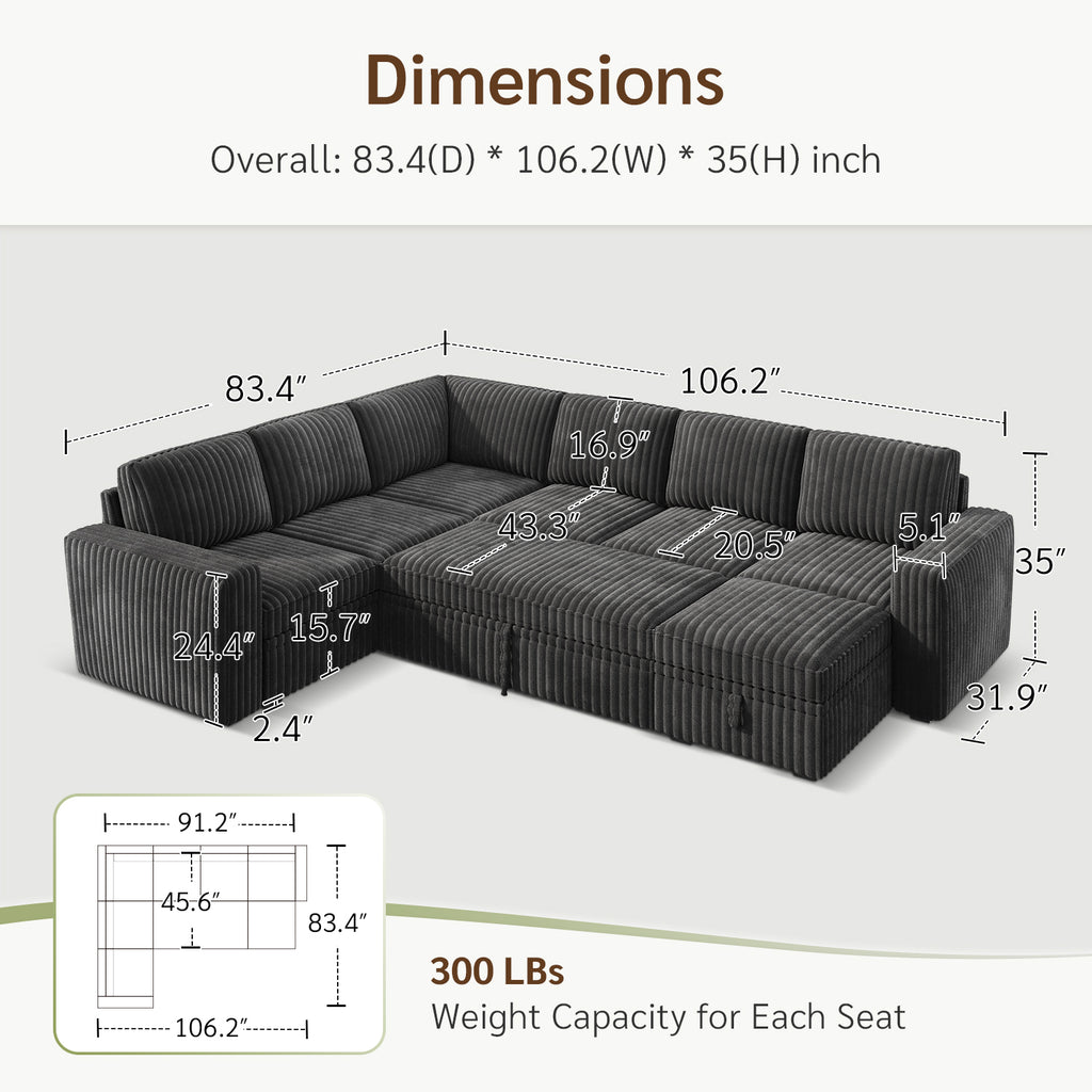 Marrber 106? Oversized Modern Plush Corduroy U-Shaped Modular 7-Seater Pull-Out Sectional Sleeper Sofa Bed with Hidden Storage for Living Room and Apartment, Easy Assembly, Dark Gray