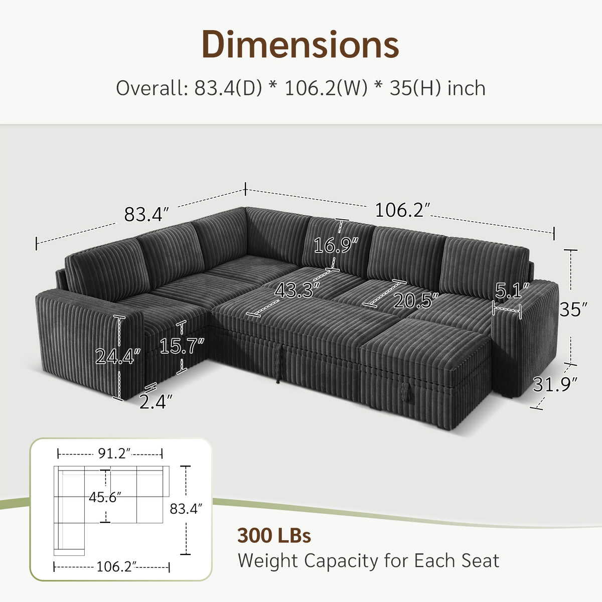 Marrber 106? Oversized Modern Plush Corduroy U-Shaped Modular 7-Seater Pull-Out Sectional Sleeper Sofa Bed with Hidden Storage for Living Room and Apartment, Easy Assembly, Dark Gray