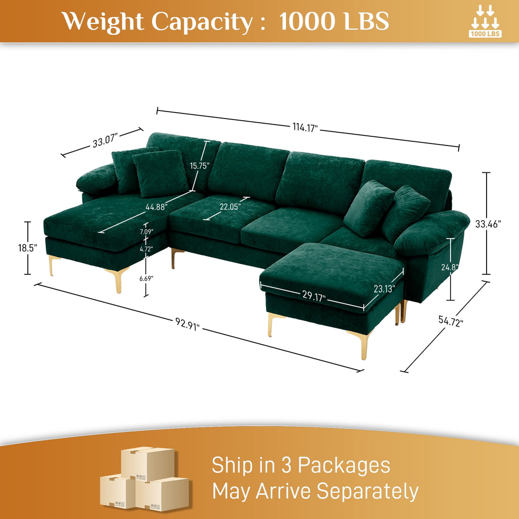 Wiilayok 114" U-Shaped Sectional Sofa,Velvet Modular 4 Seat Sofa Set for Living Room,Convertible L Shaped Sofa Couch Set with Chaise Lounge, Ottoman and Pillows