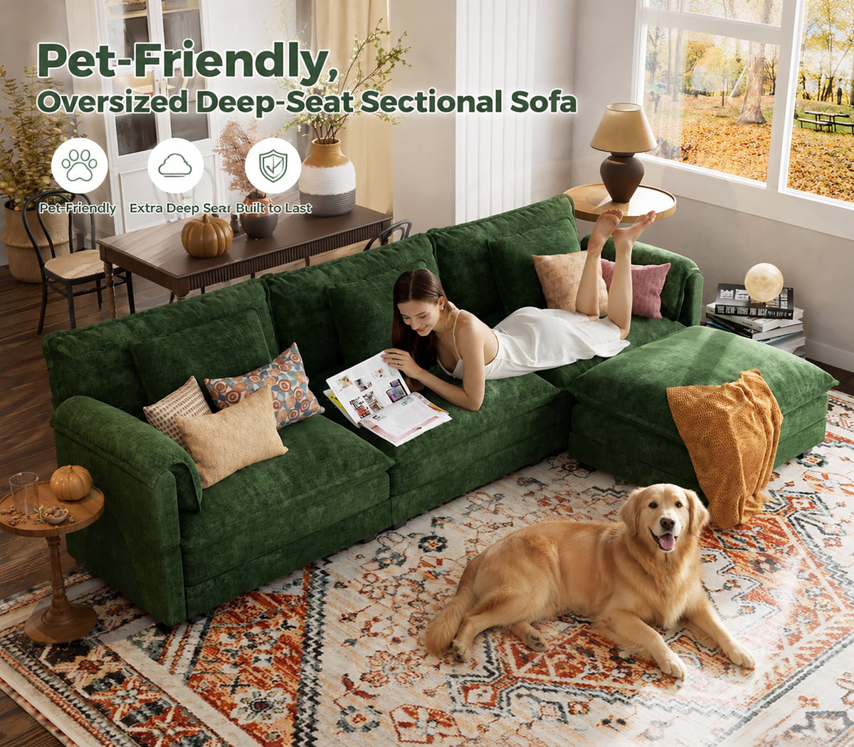 JULY'S SONG 113" L Shaped Couch Set, Deep Seat Modular Sectional Sofa with Movable Ottoman, Plush Couches and Sofas Detachable Cushions, Chenille Sectionals for Living Room, Green