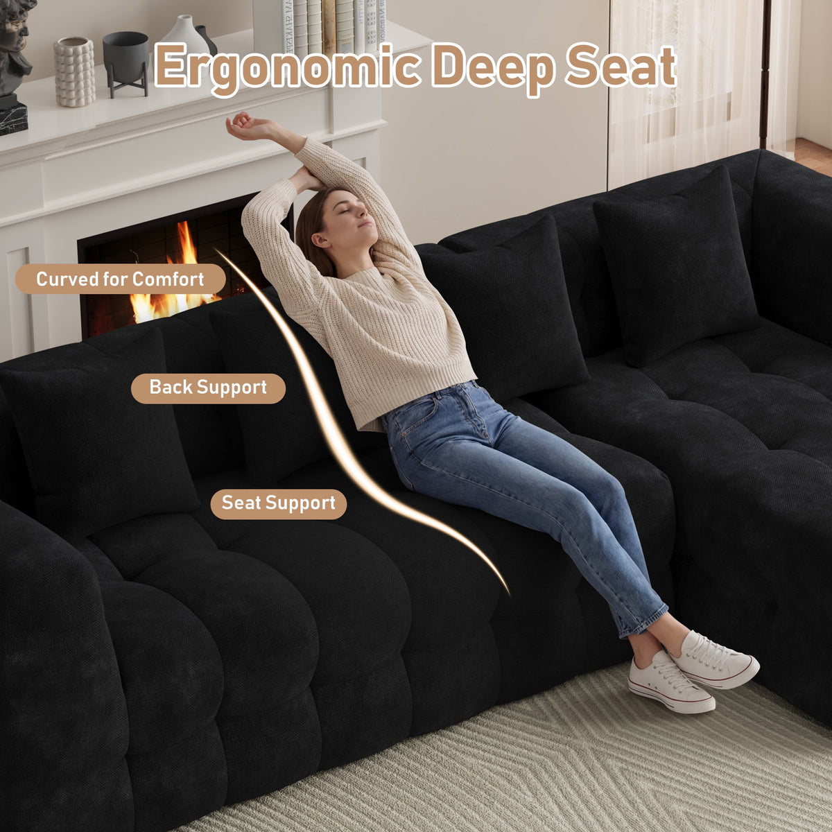 Wiilayok 120" Boneless Oversized Cloud Couch, Right Facing L-Shaped Chenille Sectional Sofa with Chaise Lounge, Deep Seat Upholstered Living Room Sofa with 4 Pillows, No Assembly, Black
