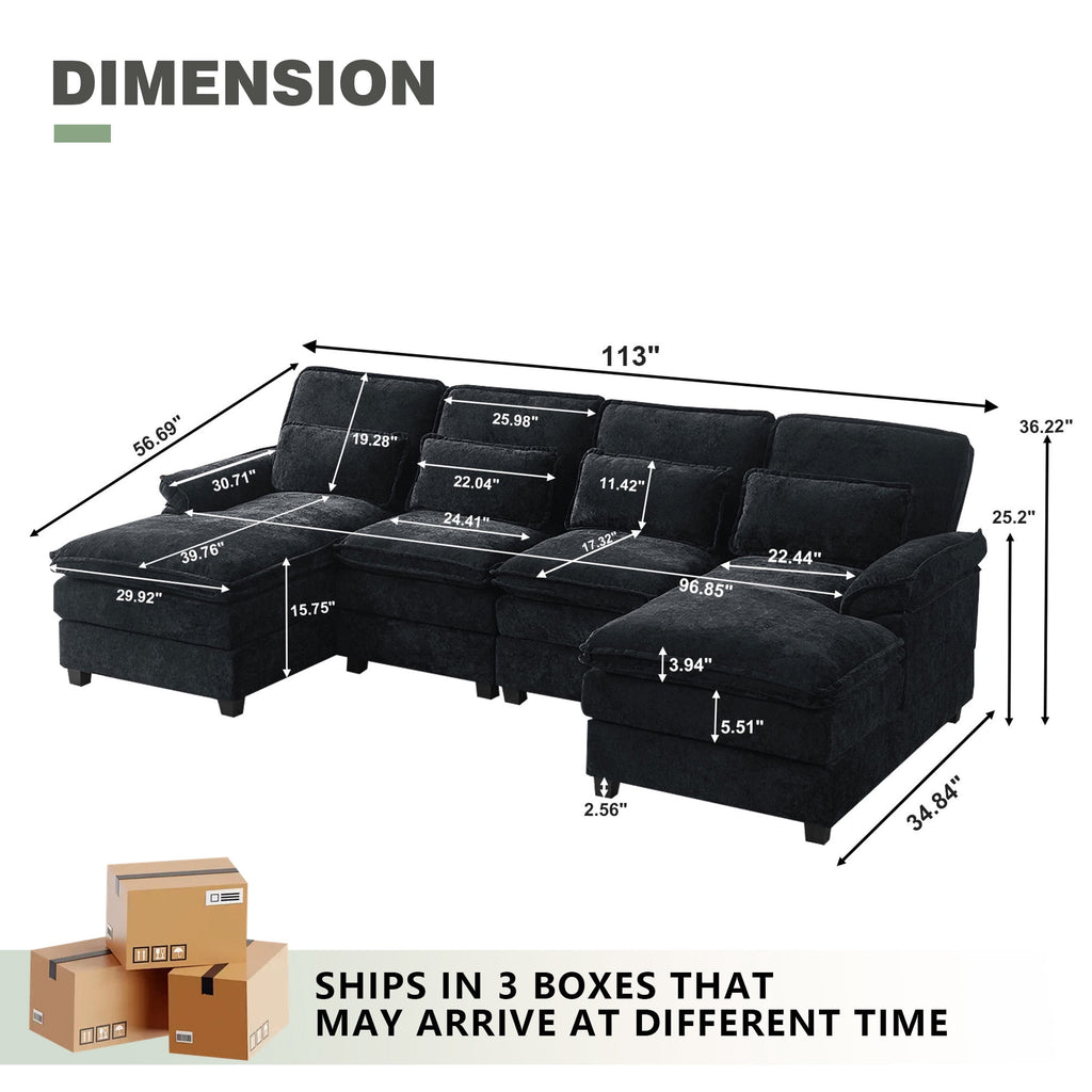  113" Sectional Sofa Oversized U Shaped Couch with Double Chaise,Cloud Couch with 4 Waist Pillows,Modern Linen Seating Furniture for Living Room Office Studio Apartment,Black
