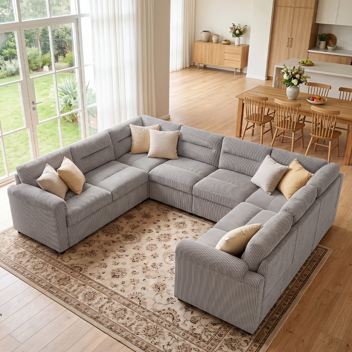  114 inch Sectional Sleeper Sofa with Pull Out Bed Convertible Corduroy Modular Sofa Upholstered Sofa Bed for Living Room Gray