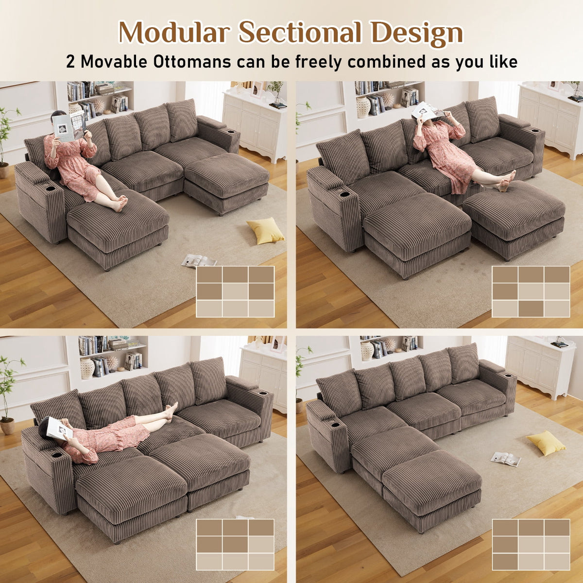 Wiilayok 110" Oversized U-Shaped Cloud Couch Sectional with Modular Design for Living Room: Comfy Corduroy, Ottoman, USB Port, Cup Holder, Armrest Storage, Side Pocket, Brown