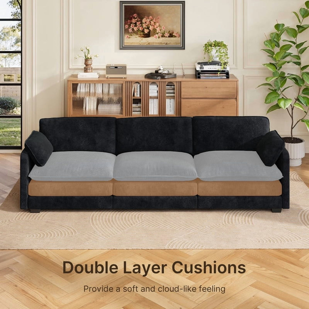 Cloud Like Comfort Sofa,Double?Layer High?Resilience Memory Foam Cushion,Removable Zippered Cover with 2 Pillows for Living Room, Bedroom, Apartment & Small Family,Black