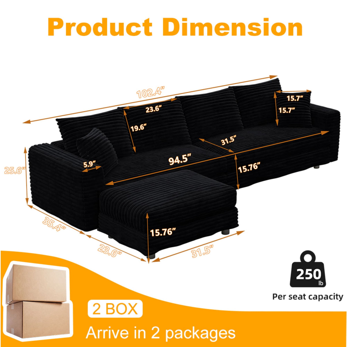 Alvantor 4-Seat Sofa with Movable Ottomans 102" W Corduroy Upholstered Deep Seat Couches L Shaped Convertible Chaise for Living Room, Apartment Black