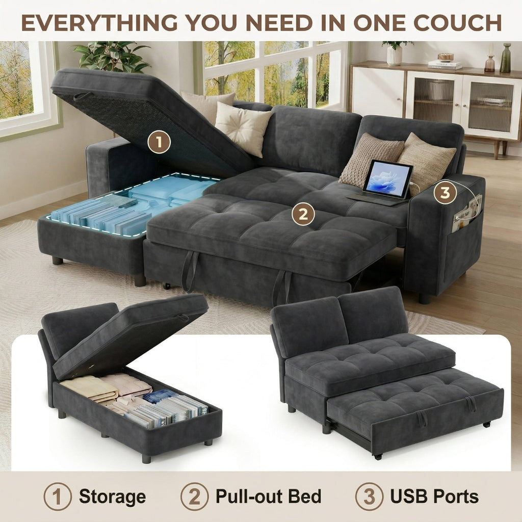 81" Sectional Sleeper Sofa Bed with Pull Out Couch, L-Shaped Chenille Fabric Sofa with USB Ports and Storage Chaise, Charcoal Gray