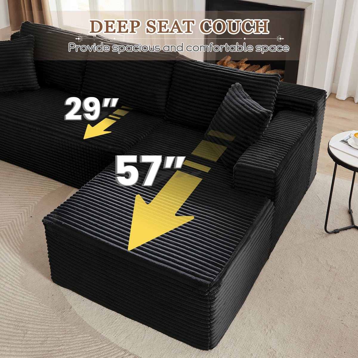 Muumblus Modular Sectional Sofa, Oversized U-Shape Cloud Couch, Modern Corduroy Sleeper Couches for Living Room, No Assembly Required, Black (Right Facing Chaise)