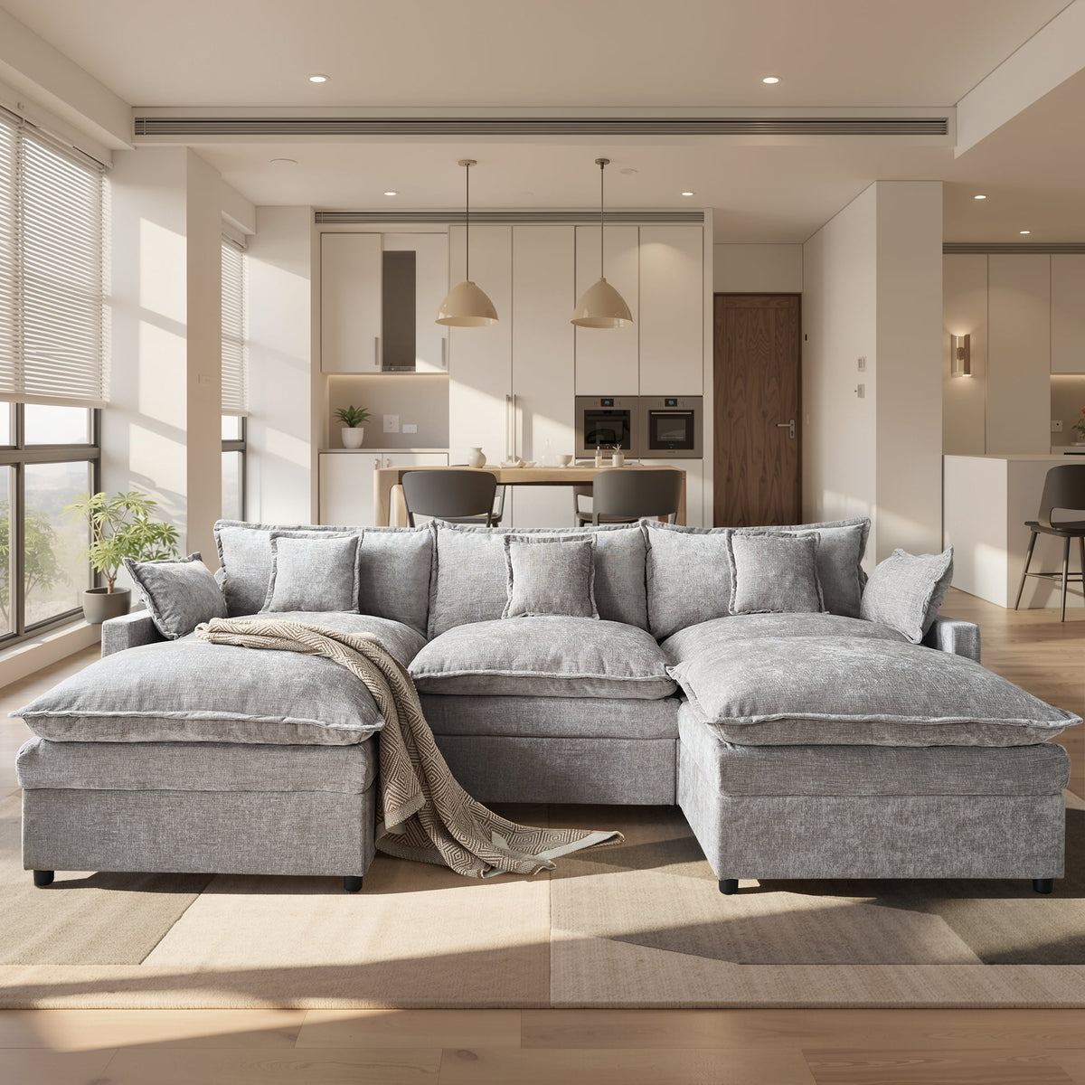  108" Modular Sofa U-Shaped Cloud Sectional Couch with 2 Ottomans, Comfy Deep Seat Chenille Sofa for Living Room, Apartment, Gray