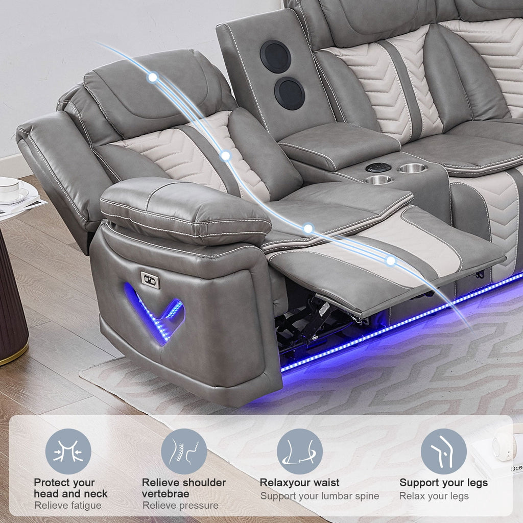 Power Reclining L-Shaped Sectional Sofa with LED Lights, Speakers, Cup Holders, Grey Faux Leather