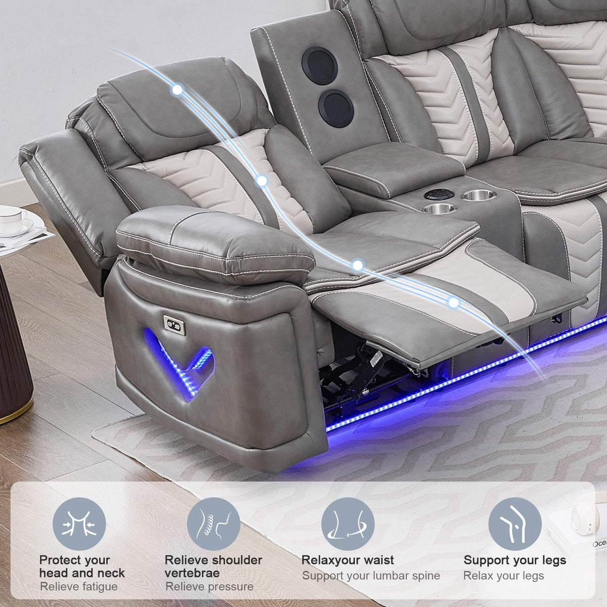 Power Reclining L-Shaped Sectional Sofa with LED Lights, Speakers, Cup Holders, Grey Faux Leather
