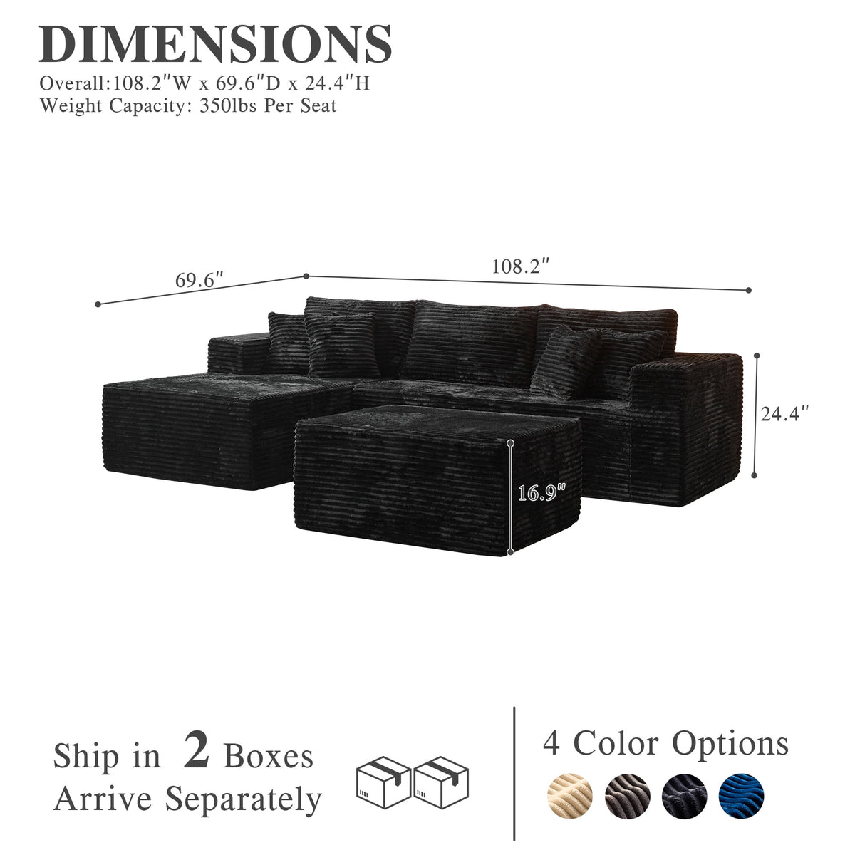 108" Boneless Couch L Shape Cloud Modular Sectional Couch with Chaise & Ottoman, Comfy Corduroy Sofa for Living Room, Apartment, Black
