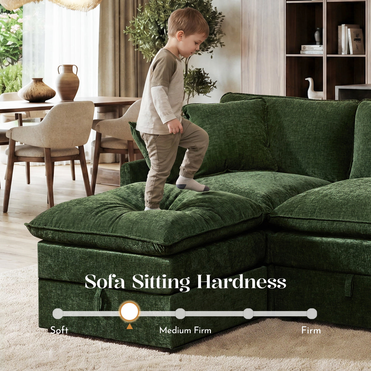 Hombryzy 103" Deep Seat Sectional Sofa with Storage, L Shaped Cloud Couch with Movable Ottomans for Living Room,Green