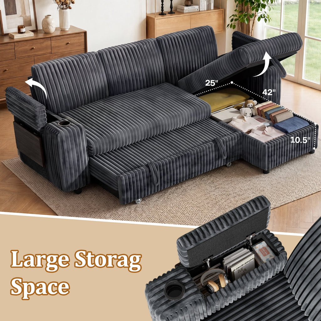 85" Modular Sectional Sleeper Sofa with Pull Out Bed, 3 Seat Plush L Shaped Couch with Storage Chaise|USB Ports|Cup Holders|Side Table|Storage Armrests, Tool Free Assembly, Corduroy Fabric Dark Gray