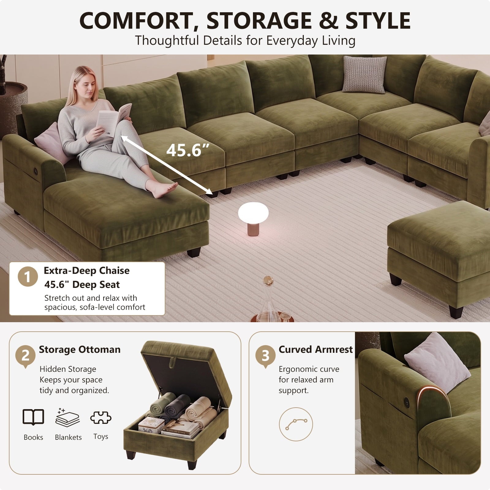 ZX Design 147.2" Sectional Cloud Couch L-Shaped Modular Chenille Sofa, 7-Seater Deep Seat Chaise with Storage Ottoman & USB Ports for Living Room