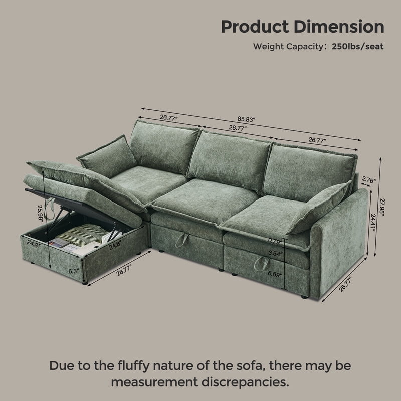 Aitjunz 85.83'' Modular Cloud Couches, Sectional Sofa for Living Room, Modern Couches and Sofas with Storage Ottoman, L-Shape 4 Seat Chenille Cloud Sofa with Pillows for Bedroom