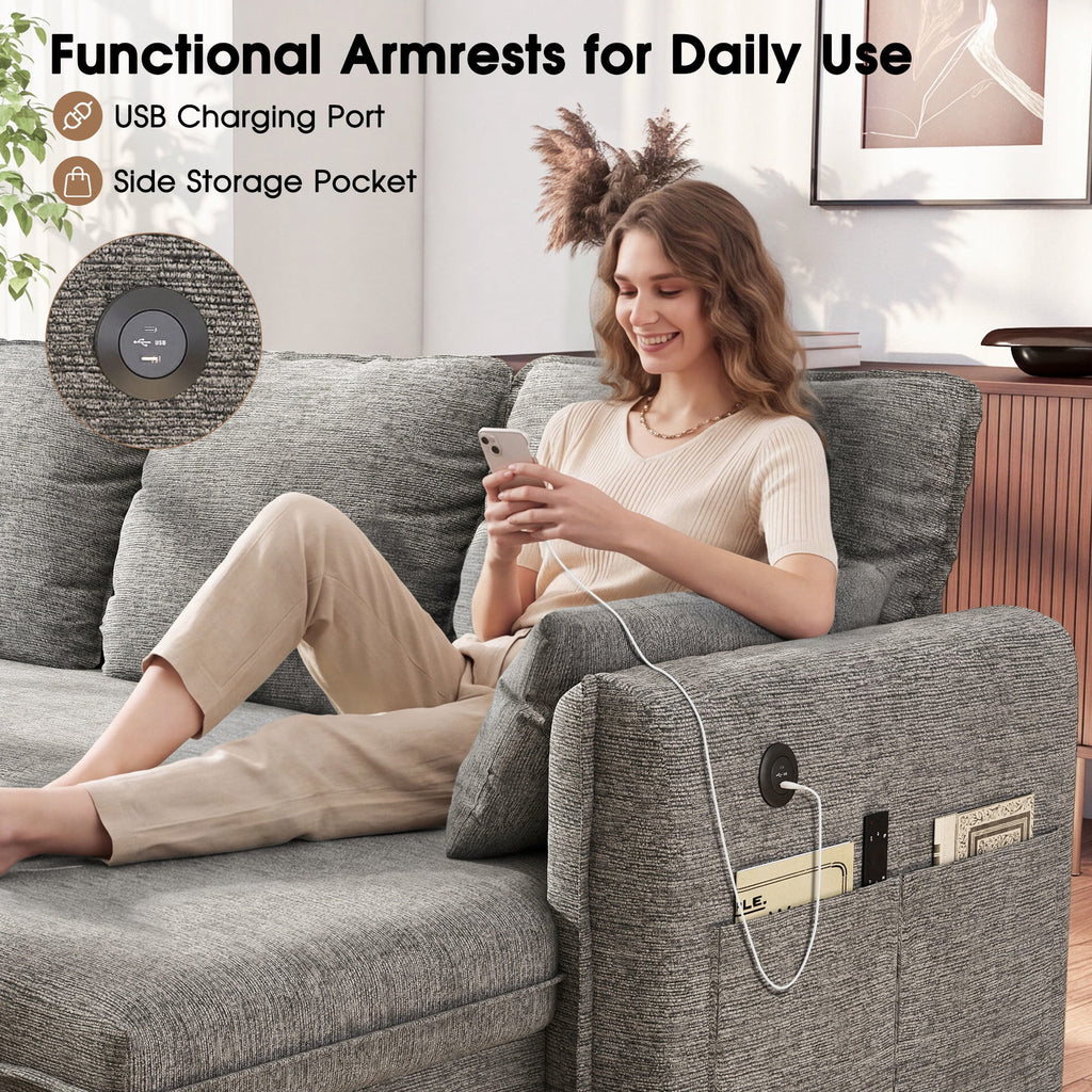 Hombryzy 109" Sectional Sleeper Sofa Bed with Storage Chaise, USB Charging Port, Pull Out Bed & Adjustable Backrest, U Shaped Couch for Living Room, Chenille Gray