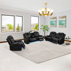  Black 3-Piece Multifunctional Smart Sofa with Console & Cup Holders, Solid Wood Frame, Double-Layer Springs and Air Leather
