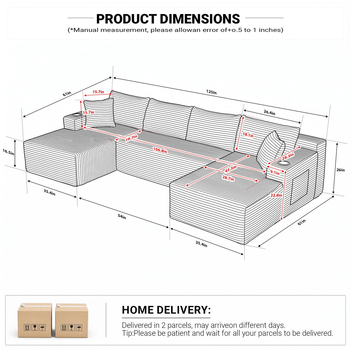  125 Inch Modular Cloud Couch Sectional Sofa for Living Room, Modern Corduroy Boneless Couch, Upholstered Deep Seat U Shape Sofas Couches, No Assembly Required, Black