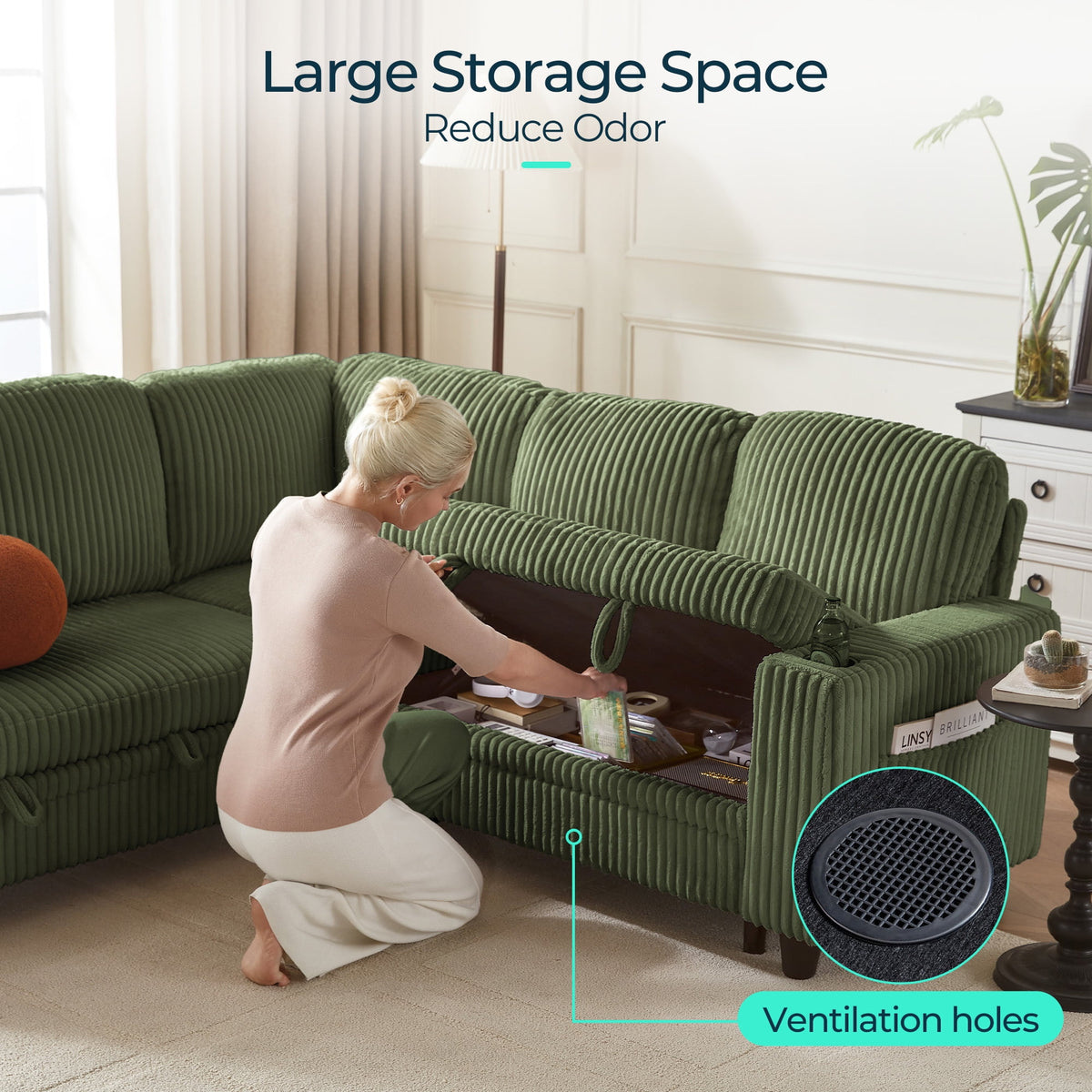  6 Seaterss Sectional Couches for Living Room, Sleeper Sofa Bed with Storage Seat, Pull Out Couch Bed with Ottoman, Dark Green