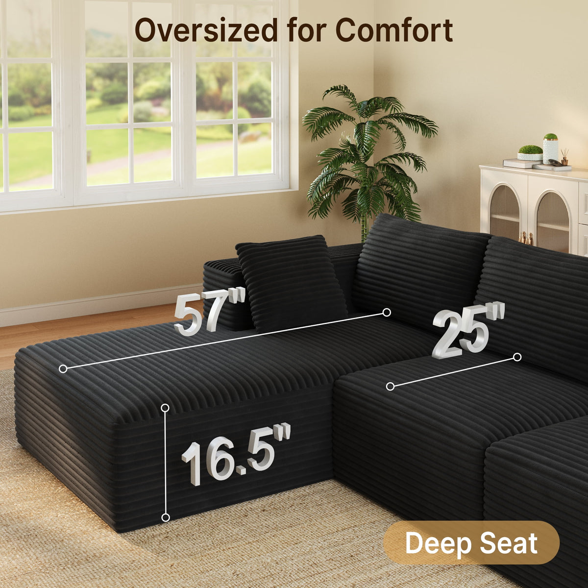 U-Shape Sectional Sofa, 135'' Modular Sectional Couch with Chaise Lounge, Couch Comfy Corduroy Floor Sofa for Living Room, Corduroy Upholstered 4-Seater Sofa with Pillow Back and Square Arms,