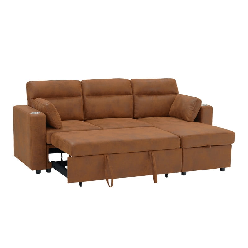 82.5" L-Shaped Convertible Sleeper Sofa, Pull-Out Sectional Sofa Bed with Storage Chaise, Cup Holders & 2 Lumbar Pillows, Modern Sofa Couch for Living Room, Apartment