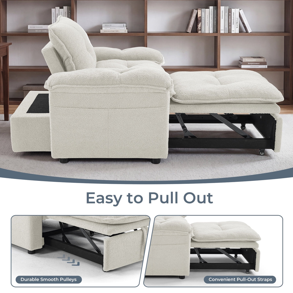  Set of 2 3-in-1 Pull Out Sofa Bed Chairs, Soft Fabric Convertible Design with Side Storage, White