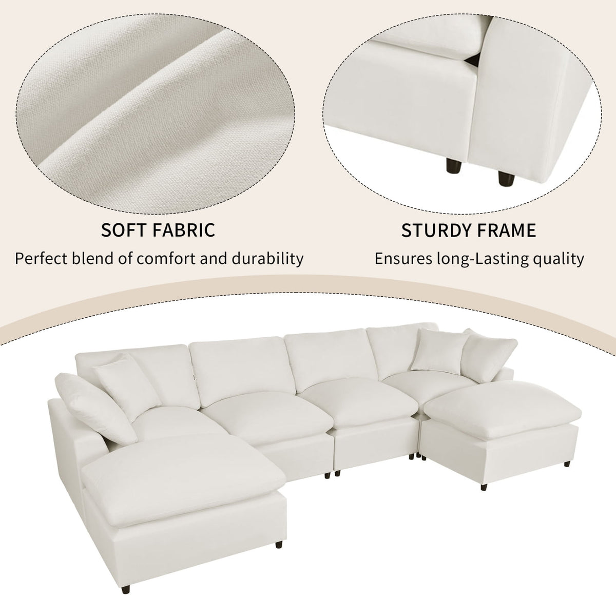 Harper & Bright Designs Convertible Modular Sectional Sofa with 2 Removable Ottomans & Pillows, Large U Shape Cloud Couch with Reversible Chaise for Living Room, Beige