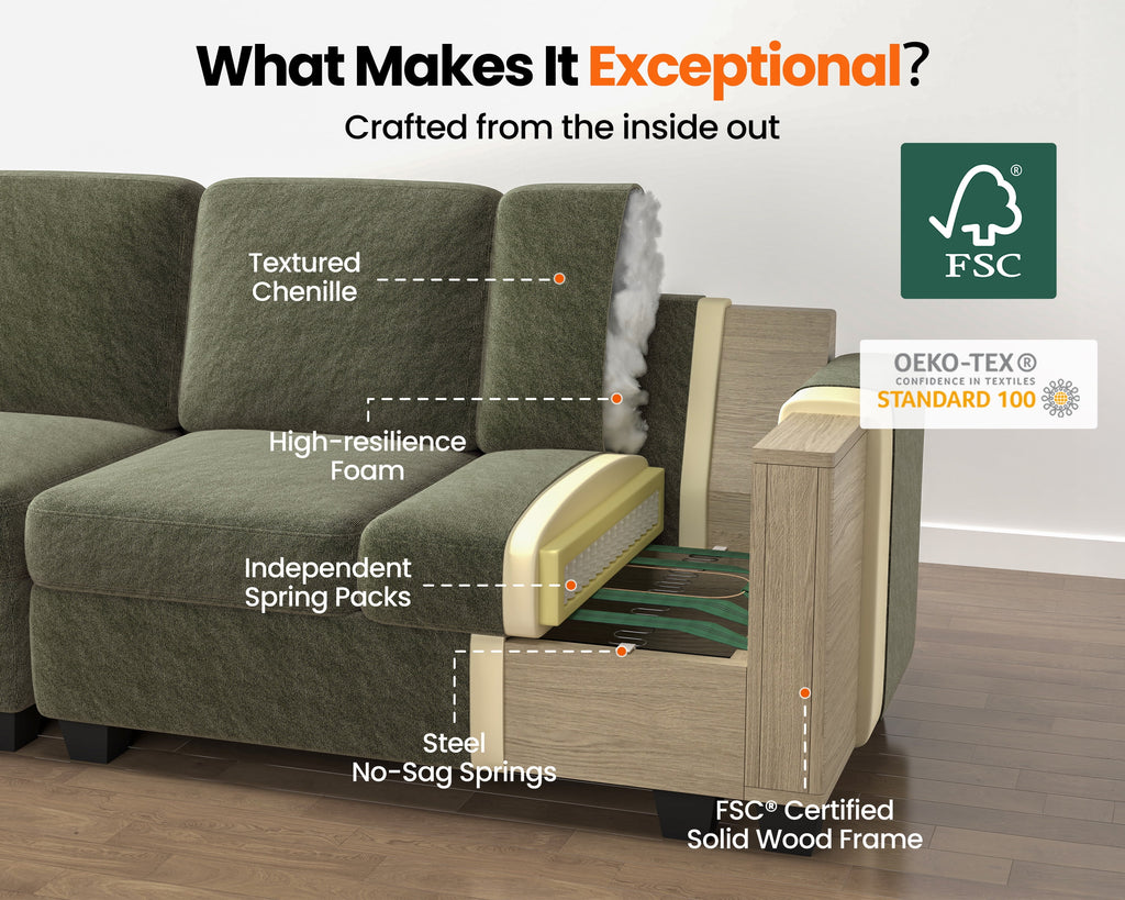CHIC HOUSE Oversized Modular Sofa,Extra Deep Cloud Corduroy Sectional Couch with Ottoman Chaise,FSC Certified Fluffy Chenille Corner V Shape Sofa for Living Room,Villa