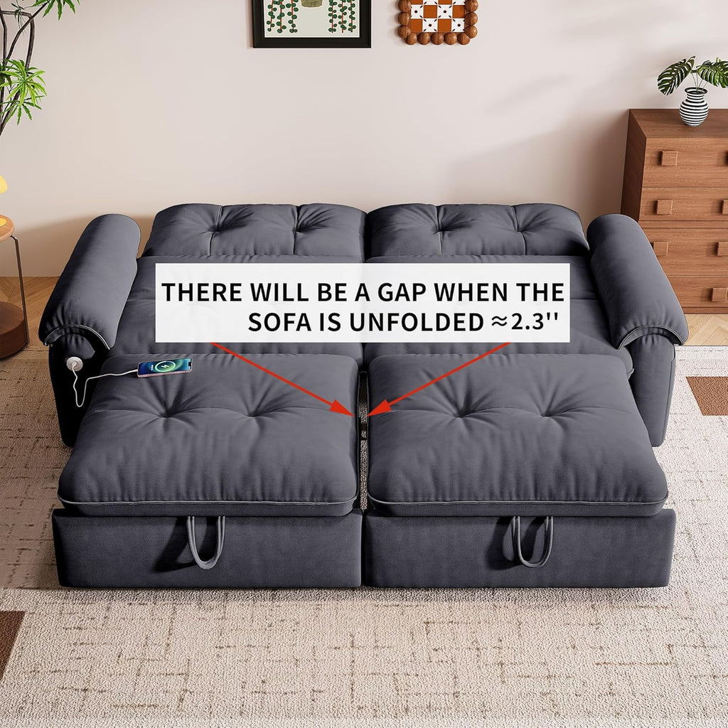 3-in-1 Convertible Sofa Bed, 77" Queen Size Loveseat Sleeper with Pull Out Bed,USB and Side Storage Pockets,Modern 2 Seater Small Couch for Apartment Living Room, Velvet Fabric,RV-Friendly,Dark Gray