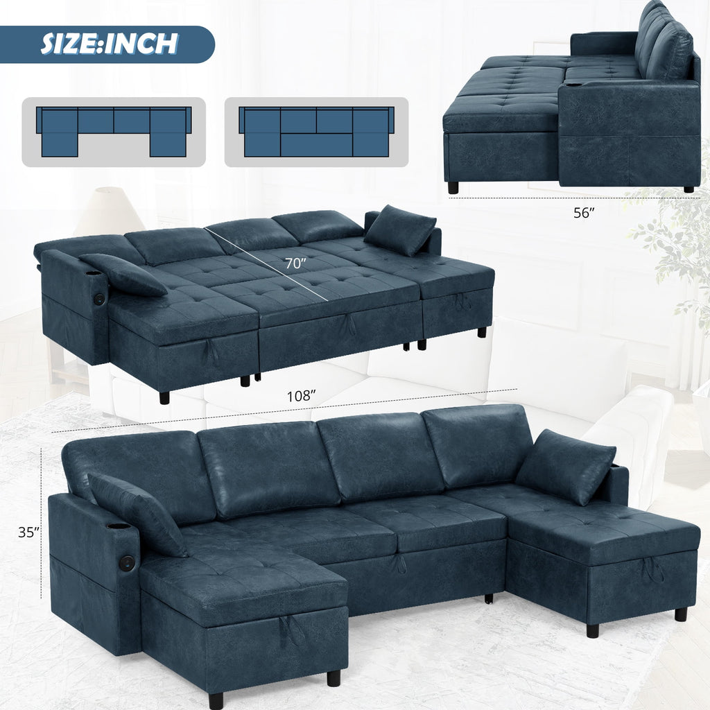 ACMEASE 108" Suede Leather Sectional Sofa w/Adjustable Backrests, Pull Out Sofa Bed w/USB Charger Port& Reversible Storage Chaise,Convertible U-Shaped Sofa with Cup Holders for Living Room,Blue