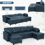 ACMEASE 108" Suede Leather Sectional Sofa w/Adjustable Backrests, Pull Out Sofa Bed w/USB Charger Port& Reversible Storage Chaise,Convertible U-Shaped Sofa with Cup Holders for Living Room,Blue