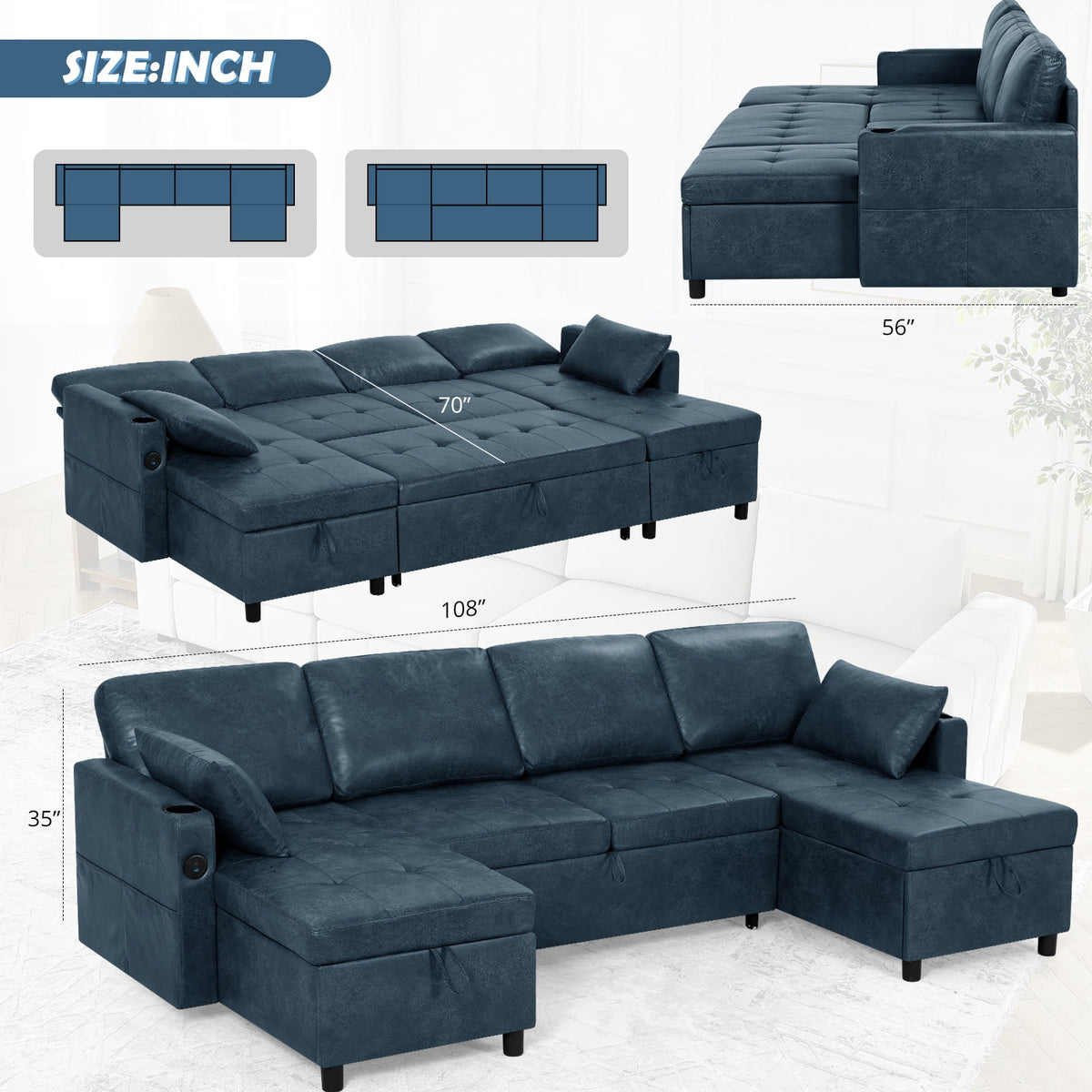 ACMEASE 108" Suede Leather Sectional Sofa w/Adjustable Backrests, Pull Out Sofa Bed w/USB Charger Port& Reversible Storage Chaise,Convertible U-Shaped Sofa with Cup Holders for Living Room,Blue