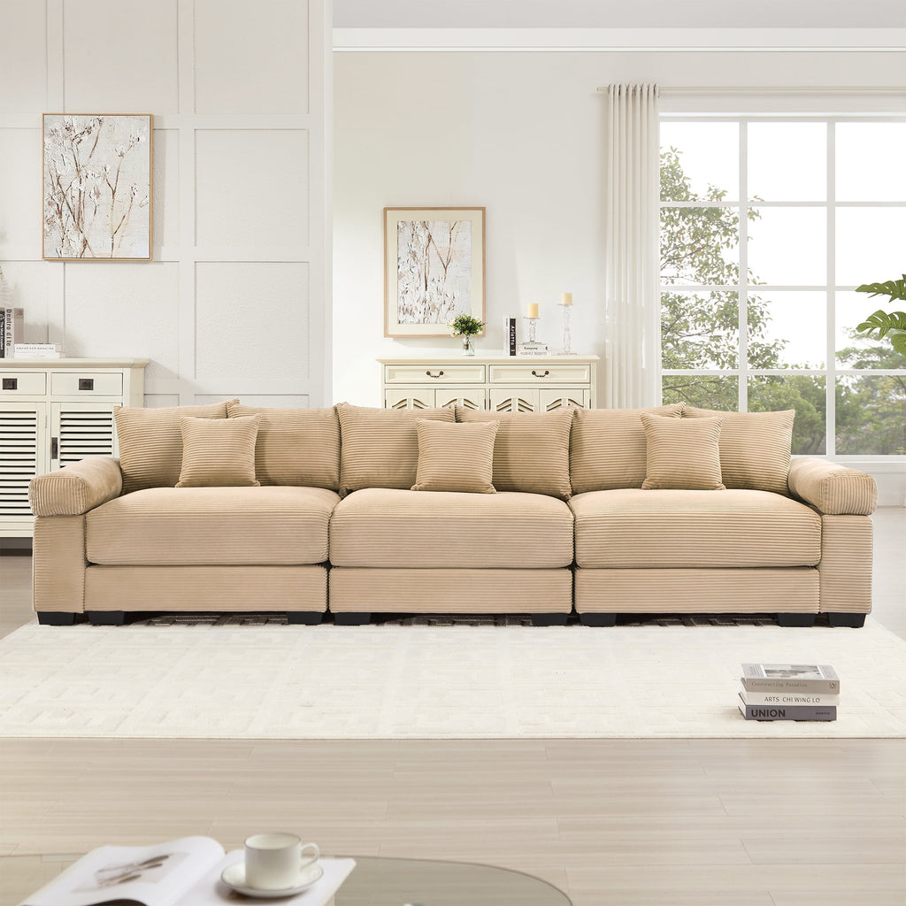 FFH 130" Oversized Modular Cloud Sofa, Cloud Sectional Couch for Living Room, 3 Seater Corduroy Sofa with Deep Seat, Easy Assembly, Camel