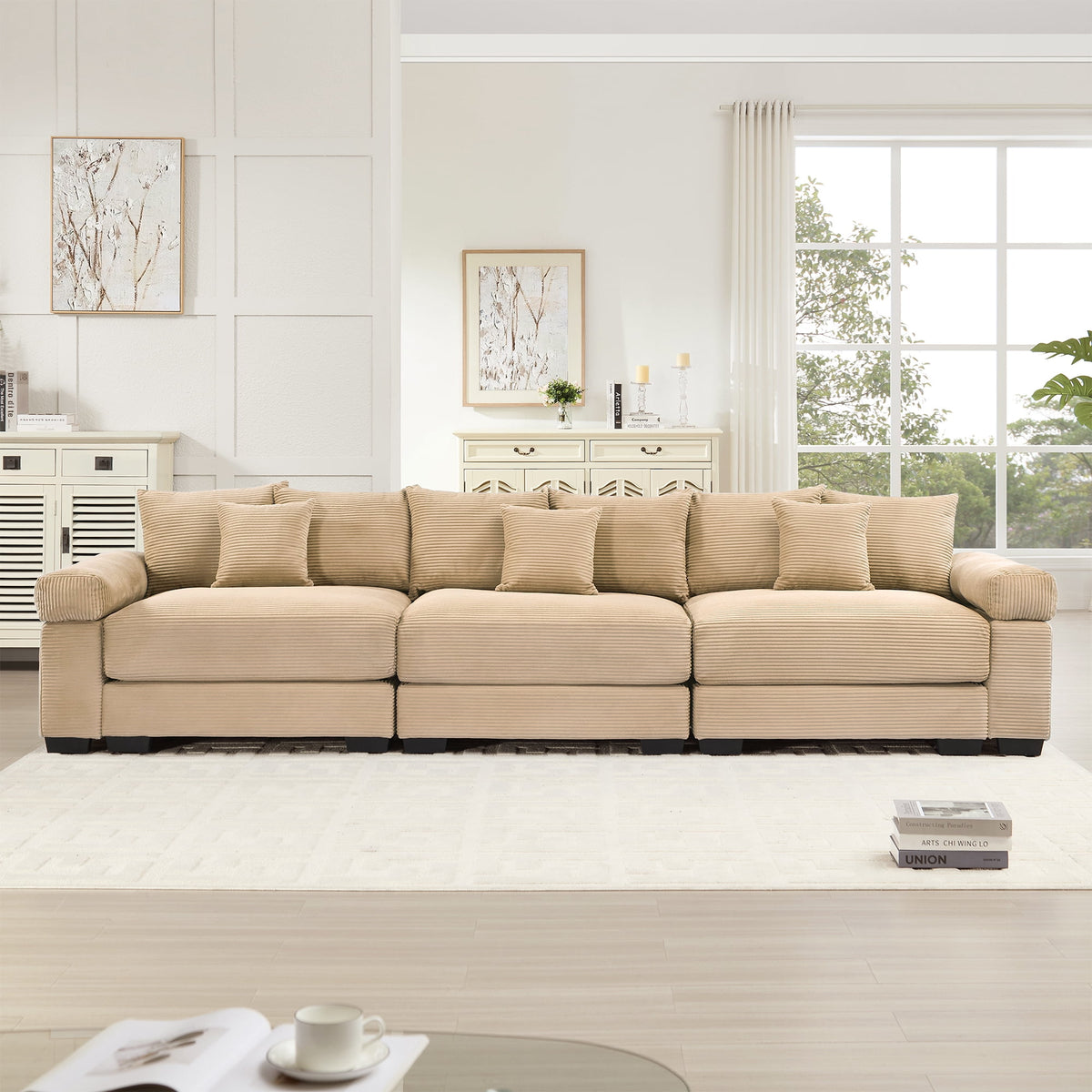 FFH 130" Oversized Modular Cloud Sofa, Cloud Sectional Couch for Living Room, 3 Seater Corduroy Sofa with Deep Seat, Easy Assembly, Camel