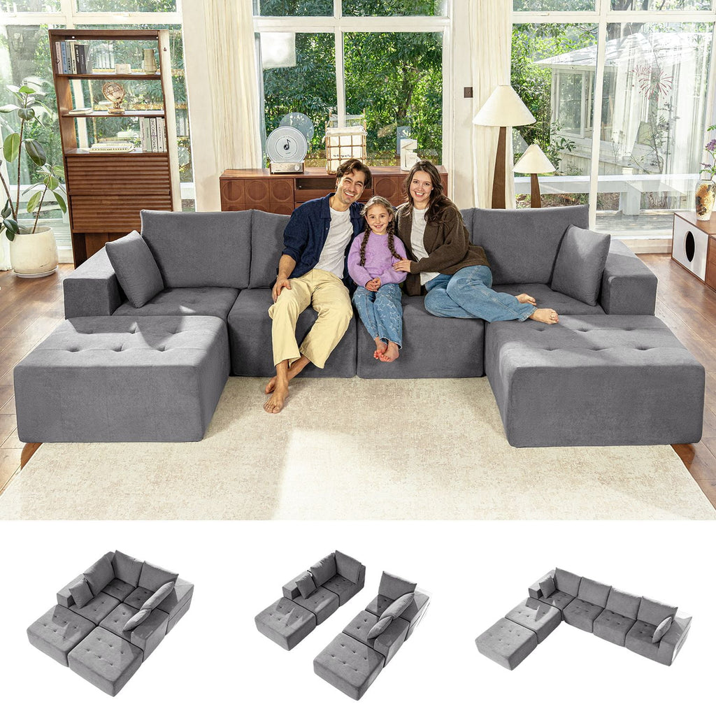  Modular Sectional Boneless Couch, Chenille Tufted Sectional Couches for Living Room, No Assembly U Shape Cloud Sofa with Throw Pillows & Storage Side Pocket (Gray)