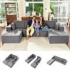  Modular Sectional Boneless Couch, Chenille Tufted Sectional Couches for Living Room, No Assembly U Shape Cloud Sofa with Throw Pillows & Storage Side Pocket (Gray)