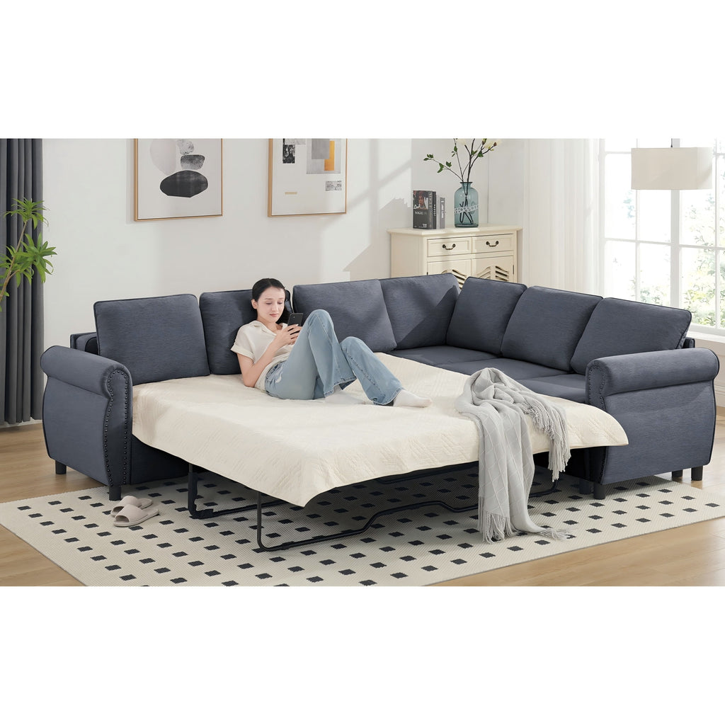  Sectional Sofa, Pull Out Sofa Bed Queen Size, 6 Seat Sofa Couch Convertible Sleeper Sofa Bed for Living Room Gray