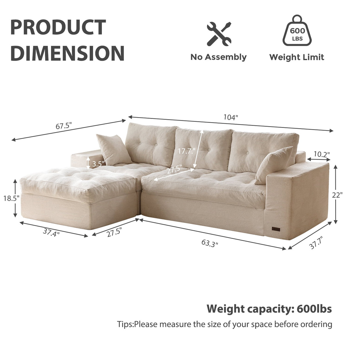BYBYME 104"Oversized L-Shaped Sectional Sofa Cloud Boneless Modular Couch,Upholstered Sofa with Convertible Left/Right Ottoman for Living Room Bedroom,No Assembly,Beige