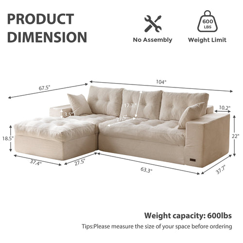 BYBYME 104"Oversized L-Shaped Sectional Sofa Cloud Boneless Modular Couch,Upholstered Sofa with Convertible Left/Right Ottoman for Living Room Bedroom,No Assembly,Beige
