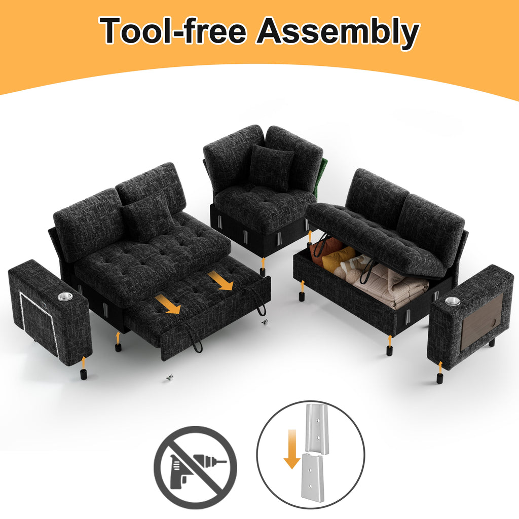 85" Modular Sectional Sleeper Sofa with Pull Out Bed, 5 Seat Chenille L Shaped Couch with USB Ports|Cup Holders|Side Table|Storage Loveseat, Tool Free Assembly,Black