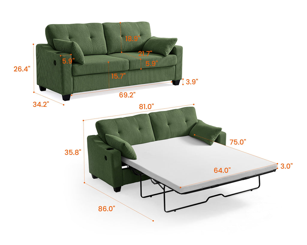 CHIC HOUSE Pull Out Sofa Bed Couch Queen Size with Mattress USB, Convertible Sleeper Sofa Loveseat for Small Spaces RV, Corduroy Pull Out Couch Bed for Living Room with Cup Holders LED Lights, Green