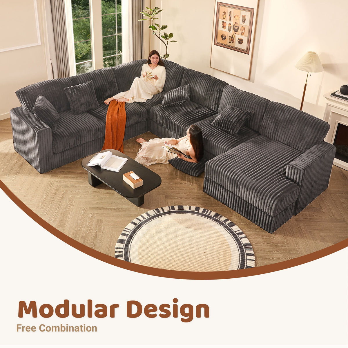  139" U-Shaped Sectional Sofa, 7-Seater Modular Cloud Couch for Large Families & Guests with Corduroy Upholstery, Right Facing Chaise, Gray