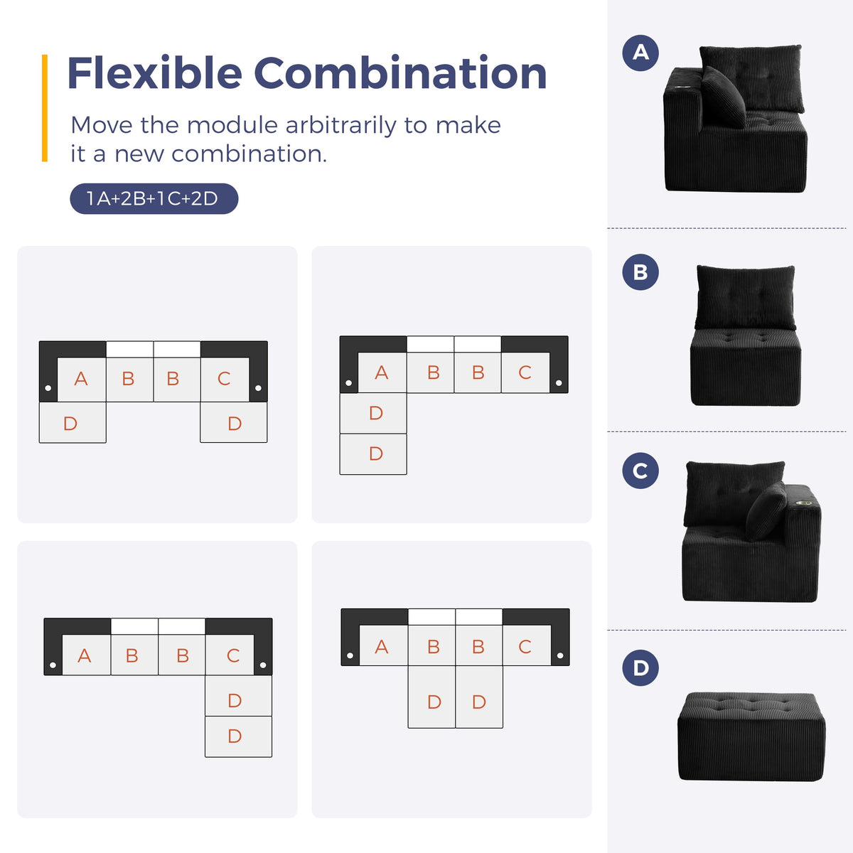 BYBYME Cloud Sectional Couch with U-Shape Chaise Modern Comfy Modular Corduroy Sofa for Living Room,Tufted 6-Seat Sleeper Chair with 2 Ottoman,Sofa in A Box,No Assembly Required,Black