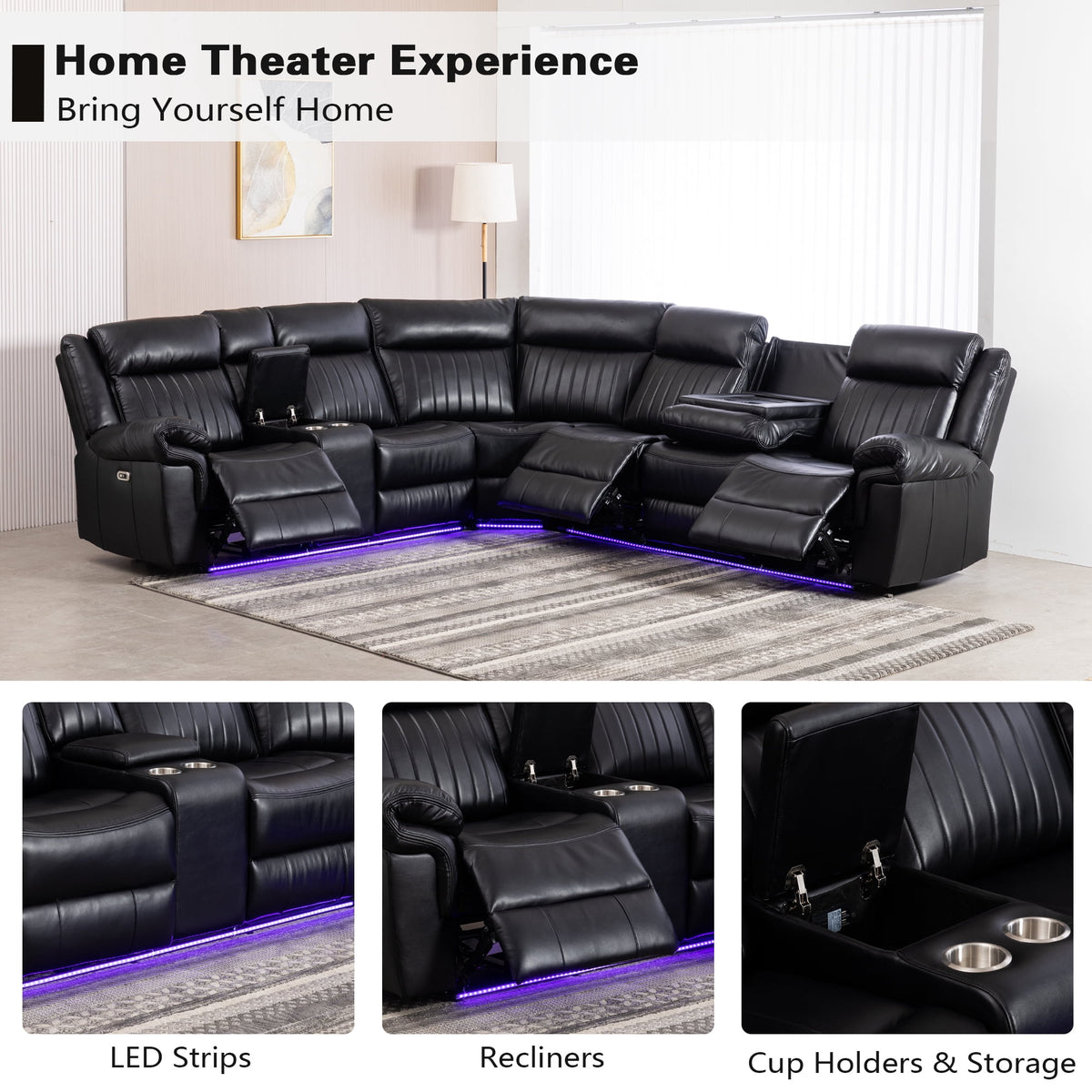 GOOEEN 6-Seater Electric Recliner Sofa Modern Faux Leather Living Room Set Black