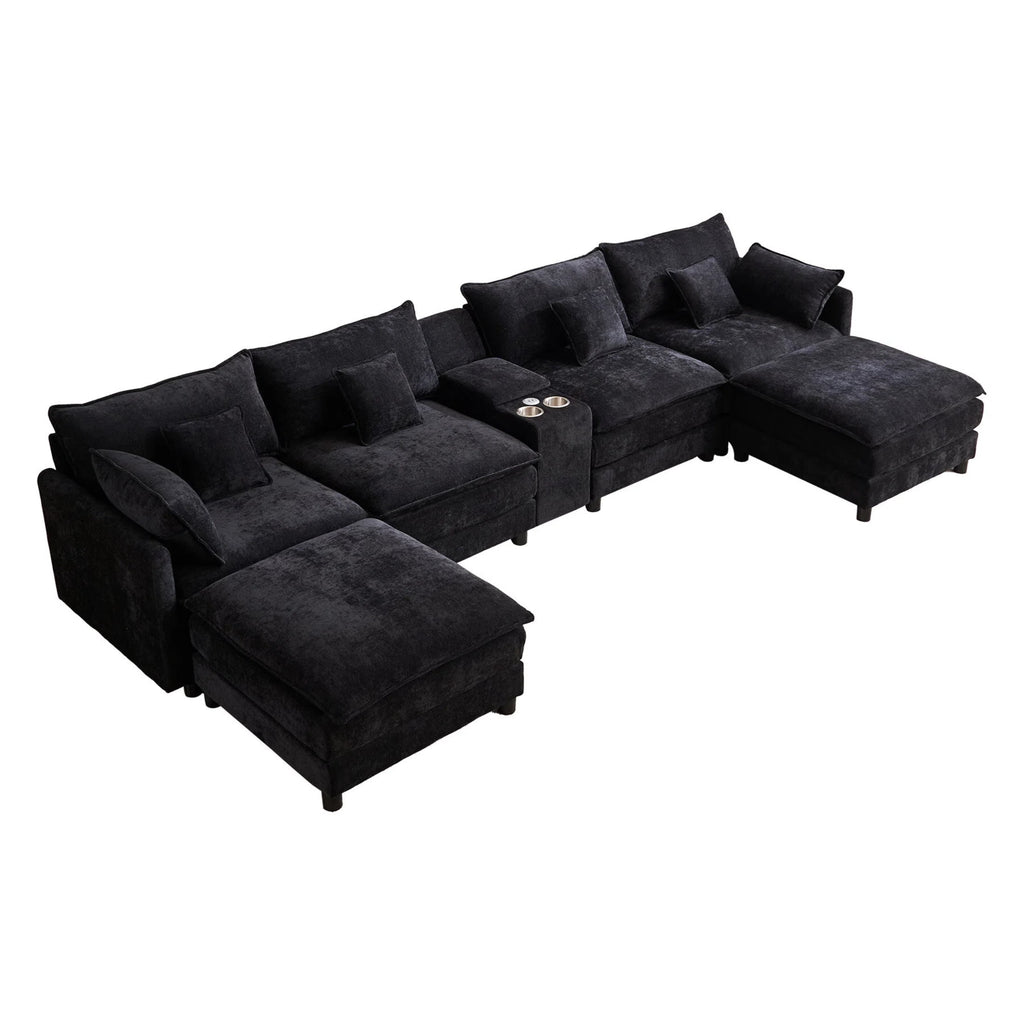 AISWORD 145" Modular U-Shaped Cloud Couch Sectional, Chenille 6-Seat Sofa with Double Chaise, Center Console, USB Charging, Hidden Storage & Cup Holders for Living Room, Black