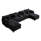 AISWORD 145" Modular U-Shaped Cloud Couch Sectional, Chenille 6-Seat Sofa with Double Chaise, Center Console, USB Charging, Hidden Storage & Cup Holders for Living Room, Black