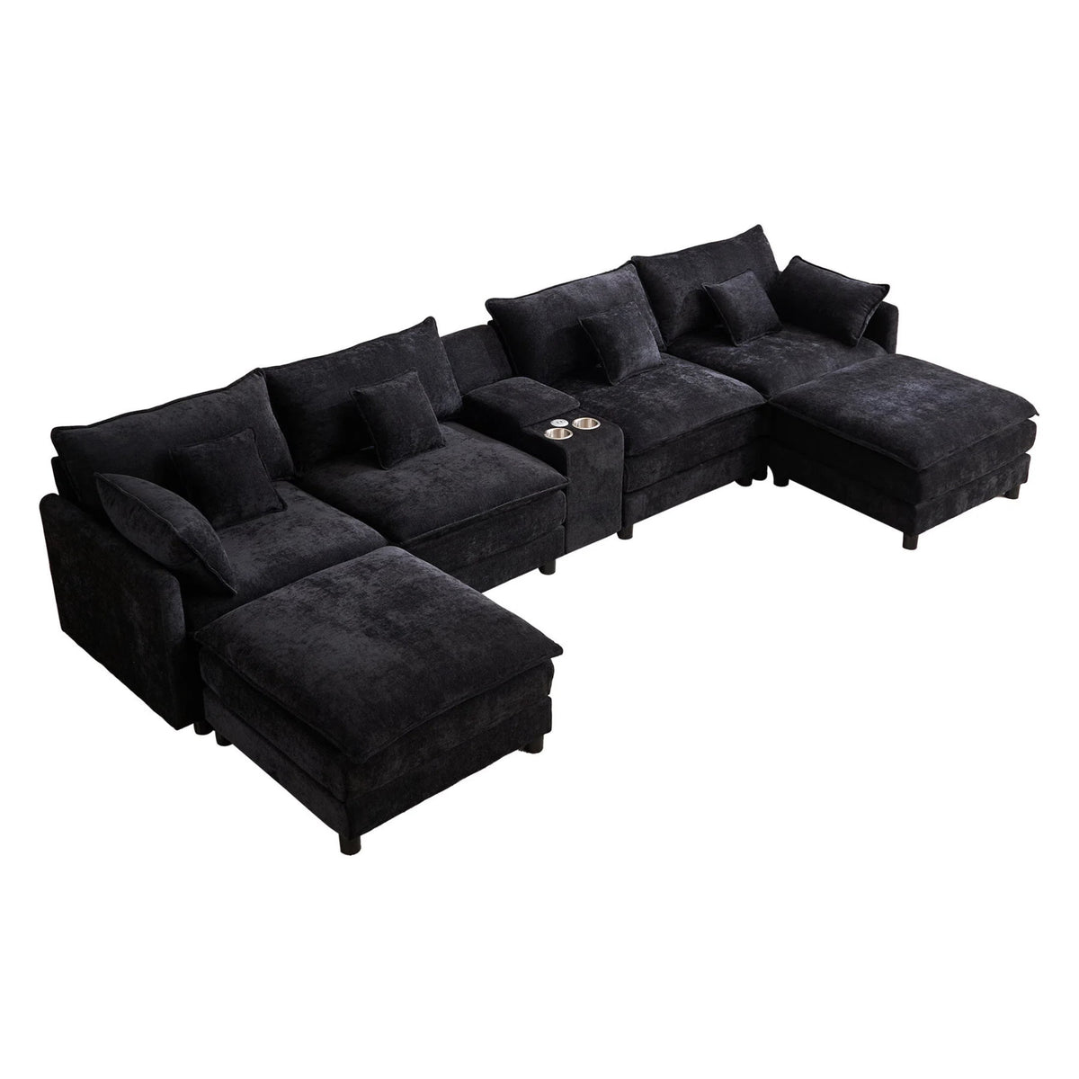 AISWORD 145" Modular U-Shaped Cloud Couch Sectional, Chenille 6-Seat Sofa with Double Chaise, Center Console, USB Charging, Hidden Storage & Cup Holders for Living Room, Black