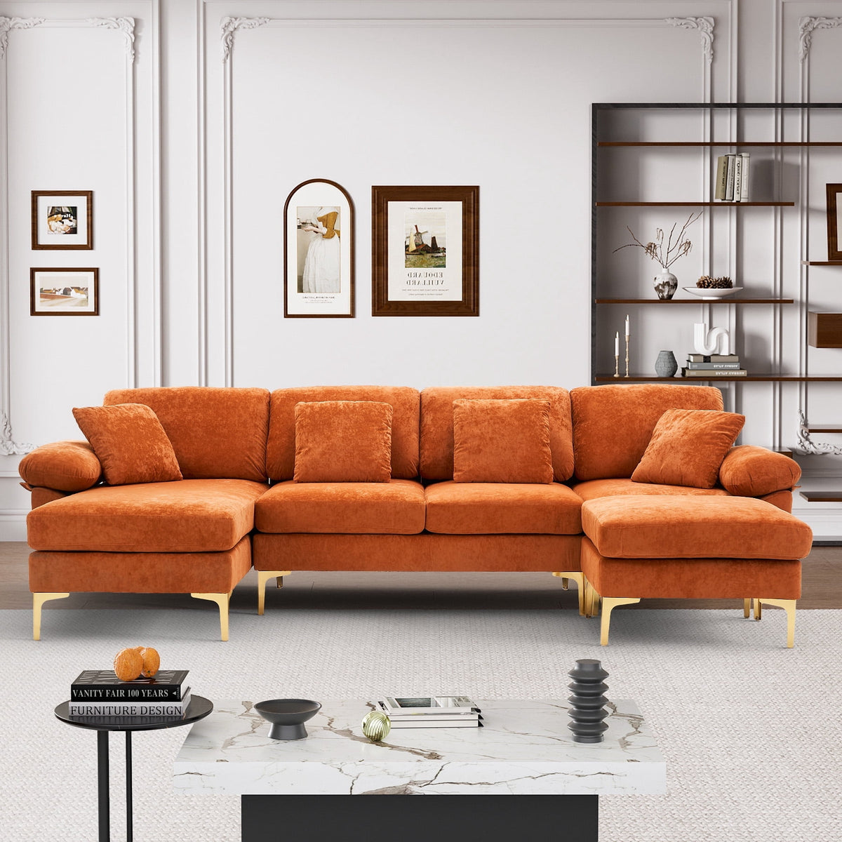 Wiilayok U Shaped Sectional Sofa,Velvet Modular 4 Seat Sofa Couch,114 inch L-Shaped Couch Set with Chaise Lounge, Ottoman& Pillows for Living Room,Orange